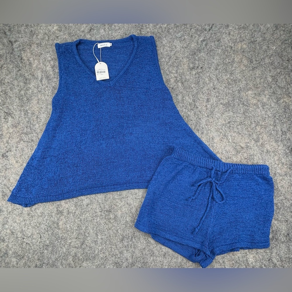Sleeveless V-Neck Blue Knit Tank Top/shorts set - Picture 2 of 16